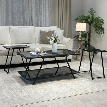 طقم طاولات ضيافة 5 قطع زجاج أسود وهيكل حديد مستطيل