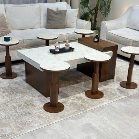 طقم طاولة ضيافة قاعدة خشب بني سطح بديل الرخام مع 6 طاولات خدمة - بتصميم أنيق وعملي BT