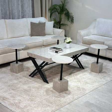 طقم طاولات 5 قطع رخامي رمادي وقاعدة مكعبة وأرجل X