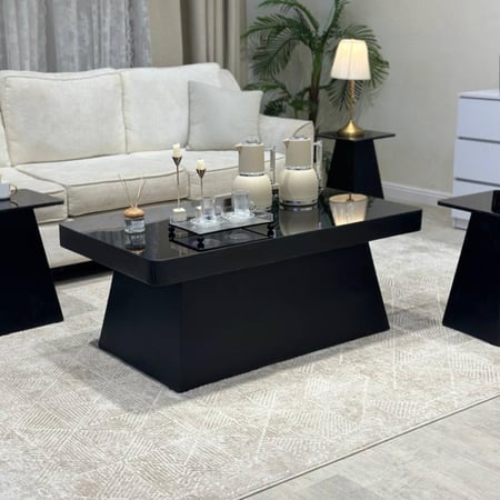 طقم طاولة ضيافة كنب خشب أسود سطح زجاج مرايا مع 4 طاولات خدمة