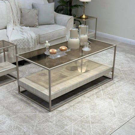 طقم طاولات ضيافة دورين بديل رخام قاعدة شمباني سطح زجاج بني شفاف - بتصميم أنيق وفاخر