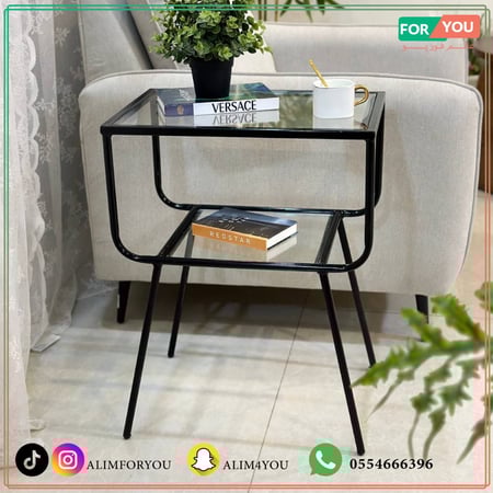 طاولة جانبية حديد أسود وزجاج شفاف 50x35x65 سم