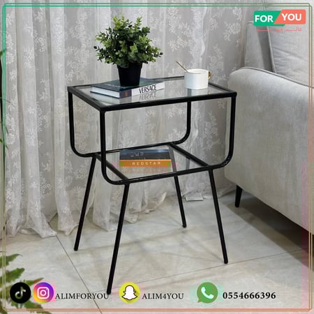 طاولة جانبية حديد أسود وزجاج شفاف 50x35x65 سم