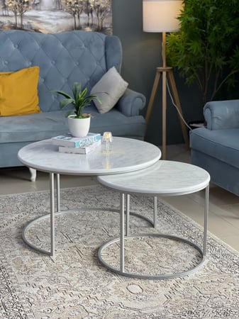 طقم طاولتين سطح خشب شكل رخام لون فضي *شحن مجاني