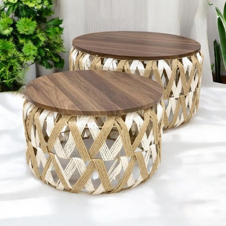 طقم طاولات قطعتين خشبي بني وقاعدة خسف منسوج