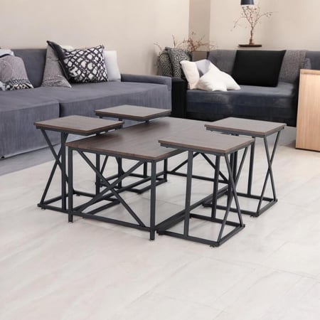 طقم طاولات ضيافة 5 قطع خشب بني مربعة وهيكل X أسود