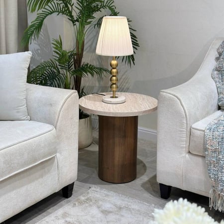 طقم طاولات 3 قطع خشبي بيج وقواعد أسطوانية بنية