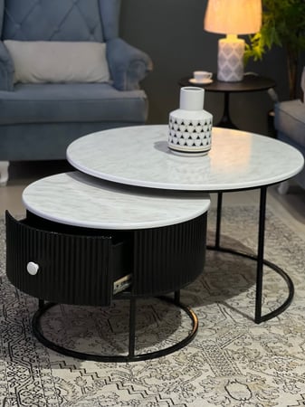 طقم طاولتين بدرج أسود سطح خشب شكل رخام TLl)