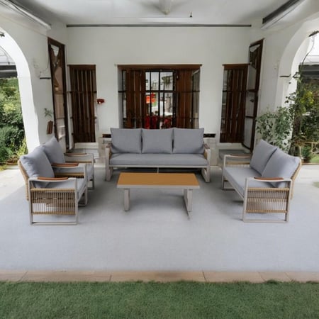 طقم جلسة كنب خارجية 7 أشخاص قماش لون رمادي