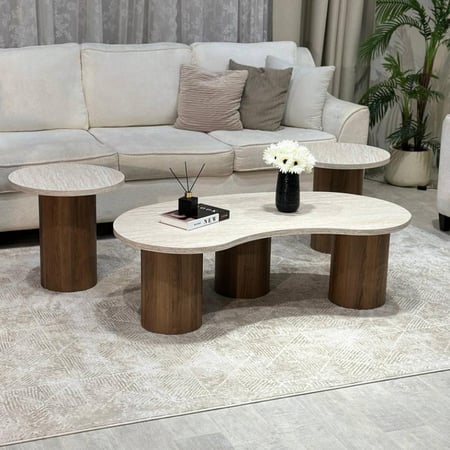 طقم طاولات 3 قطع خشبي بيج وقواعد أسطوانية بنية