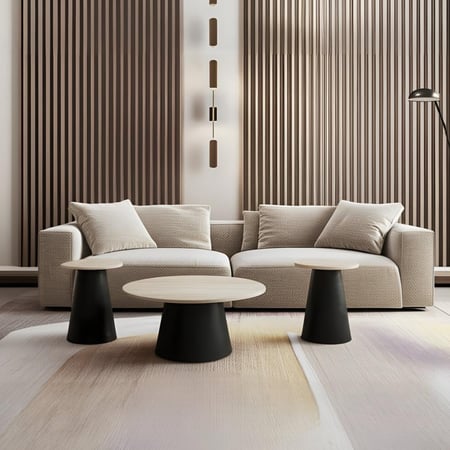 طقم طاولات ضيافة 3 قطع خشب بيج وقاعدة مخروطية سوداء