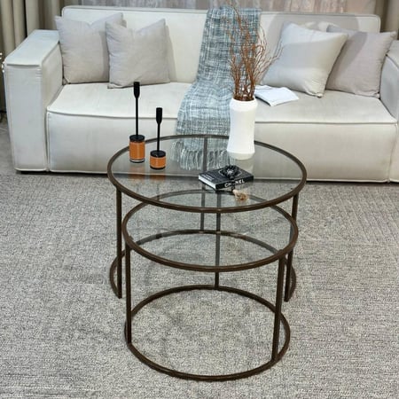 طقم طاولات 6 قطع زجاج شفاف وهيكل بني دائري