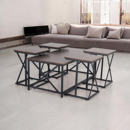 طقم طاولات ضيافة 5 قطع خشب بني مربعة وهيكل X أسود