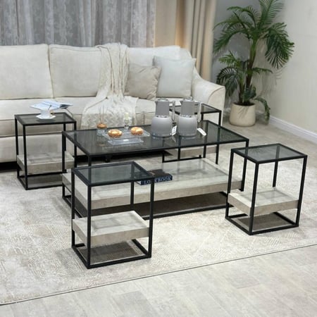 طقم طاولات ضيافة 5 قطع زجاج أسود وهيكل أسود دورين بديل رخام