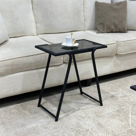 طقم طاولات ضيافة 5 قطع زجاج أسود وهيكل حديد مستطيل