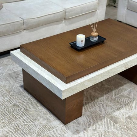 طاولة ضيافة خشب سنديان وبديل رخام بني 130x70x50 سم