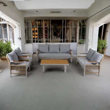 طقم جلسة كنب خارجية 7 أشخاص قماش لون رمادي