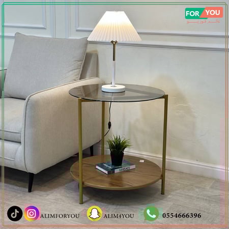 طاولة جانبية زجاج وحديد ذهبي وبني 50x50x60 سم