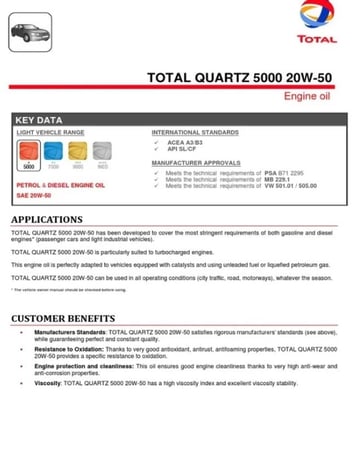 توتال كوارتز زيت محرك 5000 20W-50 تخليقي بالكامل لمحركات البنزين حماية فائقة وتوفير وقود