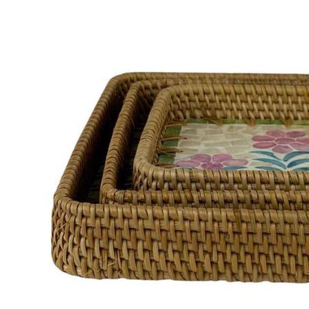 طقم صواني خيزران مستطيلة بنقشة فسيفساء ورود وأسماك