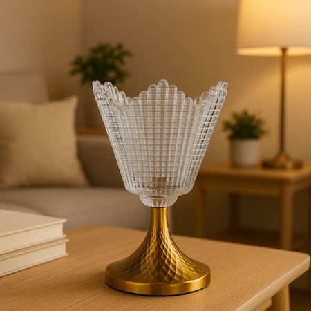 طبق تقديم زجاجي مرتفع بقاعدة ذهبية