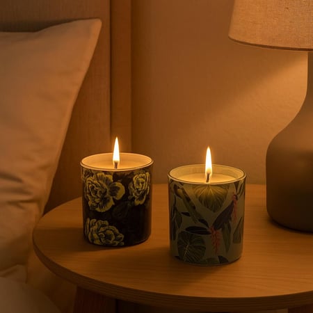 شمعة  معطرة بزخارف نباتية وغطاء ذهبي