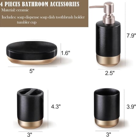 طقم إكسسوارات حمام سيراميكي 4 قطع – أسود مع قاعدة ذهبية