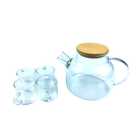 طقم شاي زجاجي مع غطاء خشبي و 4 أكواب