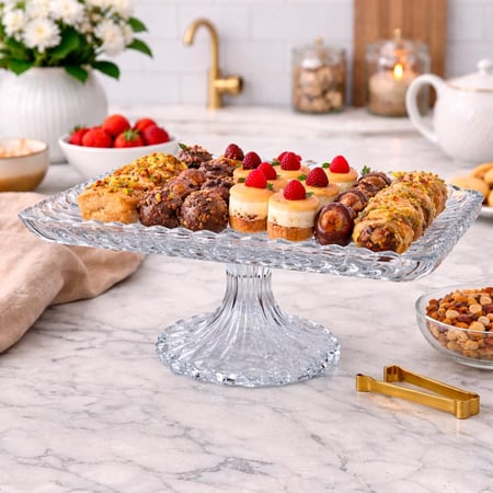طبق تقديم زجاجي مرتفع مستطيل – تصميم كلاسيكي فاخر