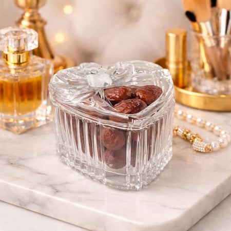 علبة تقديم كريستال على شكل قلب بغطاء مزخرف