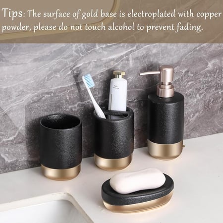 طقم إكسسوارات حمام سيراميكي 4 قطع – أسود مع قاعدة ذهبية