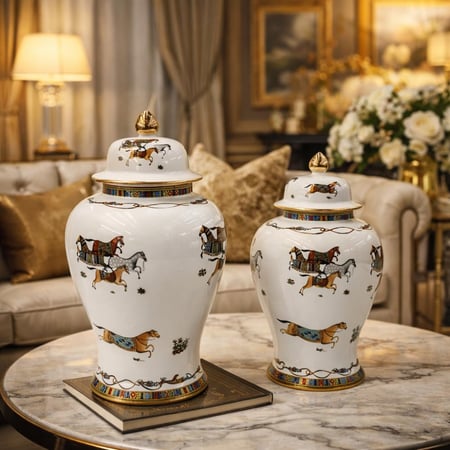 طقم فازات ديكور سيراميك بنقشة الخيول مع غطاء ذهبي