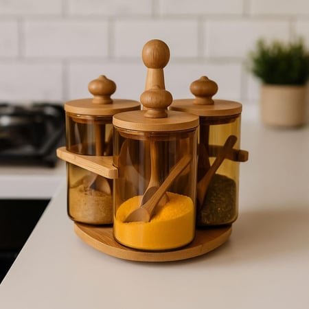 طقم بهارات خشبي بغطاء بني - 4 قطع