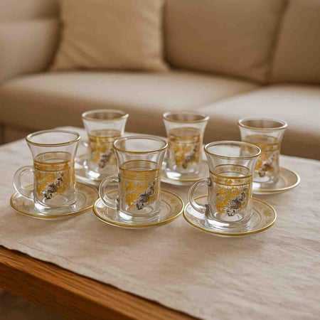 طقم بيالات شاي زجاجية مزخرفة مع صحون تقديم – عدد 6 قطع