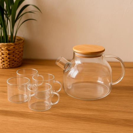 طقم شاي زجاجي مع غطاء خشبي و 4 أكواب