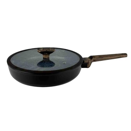 مقلاة غير لاصقة بغطاء زجاجي ومقبض خشبي أنيق 28cm