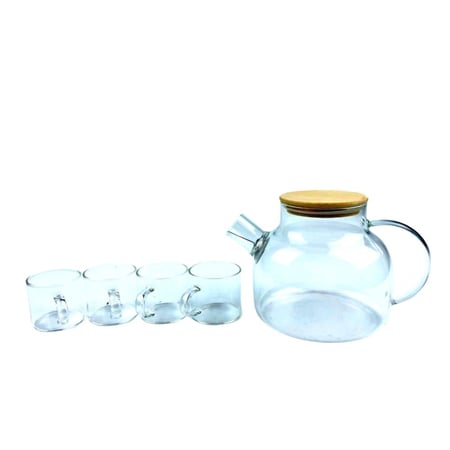 طقم شاي زجاجي مع غطاء خشبي و 4 أكواب