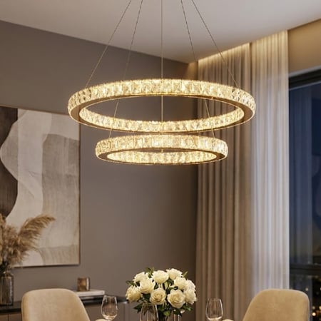 ثريا كريستال سقف حلقتين بإضاءة ناعمة تناسب الديكور الحديث.