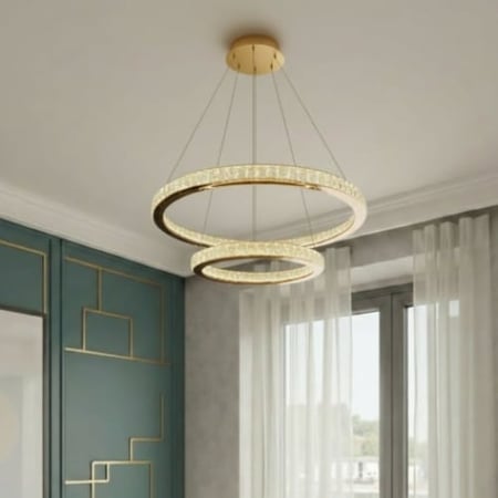 ثريا كريستال سقف حلقتين بتصميم دائري عصري وإضاءة LED أنيقة.