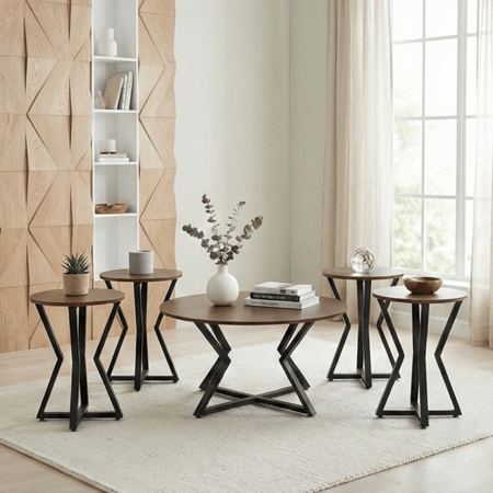 طقم طاولات خدمة 5 قطع خشب بقاعدة معدنية بني