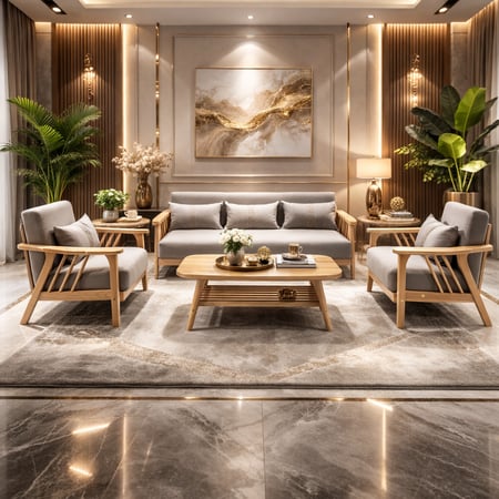 طقم كنب 6 مقاعد وطاولة بهيكل خشبي عصري رمادي