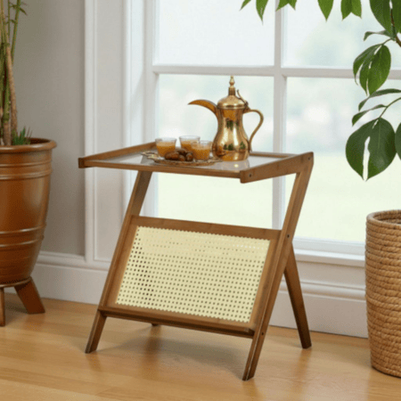 طاولة خدمة مفرد خشب وراتان بسطح زجاجي