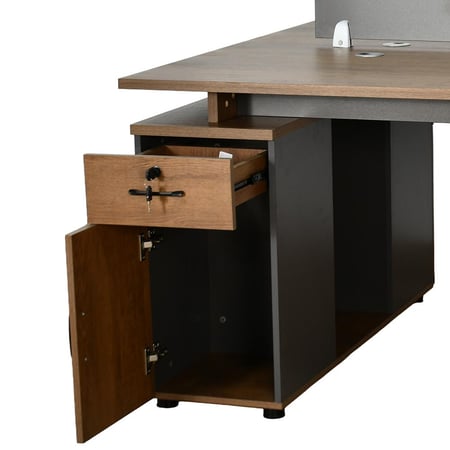 مكتب مزدوج خشبي مع وحدات تخزين بني