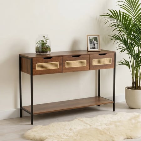 مدخل استقبال خشبي 2 دور بهيكل معدني مع أدراج بني