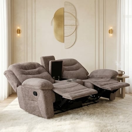 كنب استرخاء ثنائي قماش بني فاتح مع مسند قدم وحامل أكواب