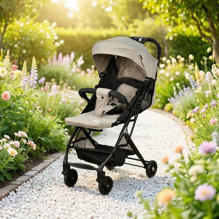 عربة أطفال قابلة للطي قماش بهيكل معدني بيج