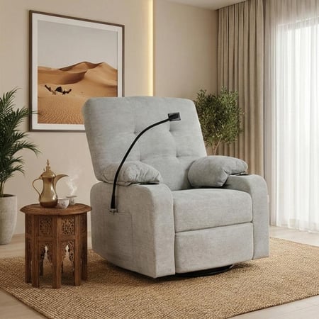 كرسي استرخاء فخم هزاز دوار بحامل جوال رمادي فاتح