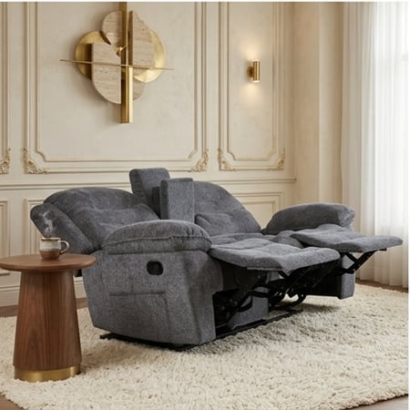 كنب استرخاء ثنائي قماش رمادي غامق مع مسند قدم وحامل أكواب