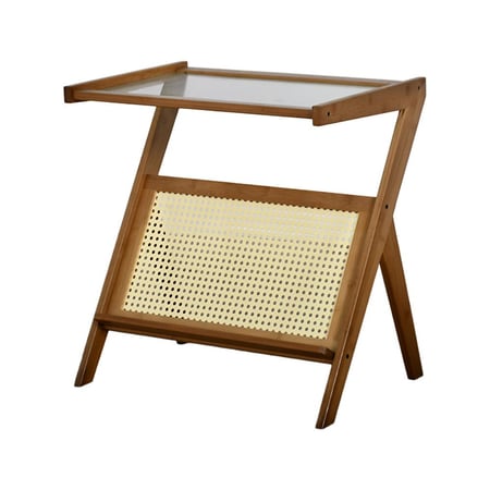 طاولة خدمة مفرد خشب وراتان بسطح زجاجي