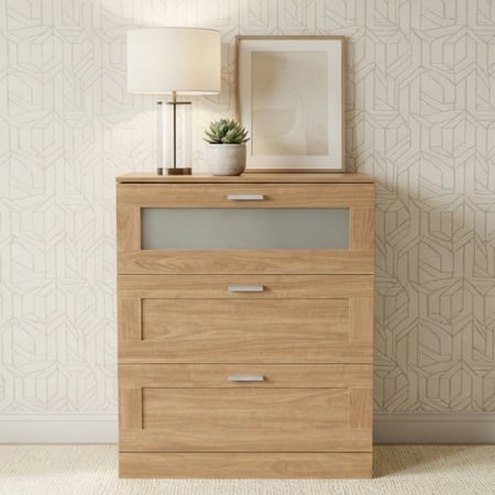 خزانة خشب مع زجاج بـ 3 أدراج بيج 95×78 سم